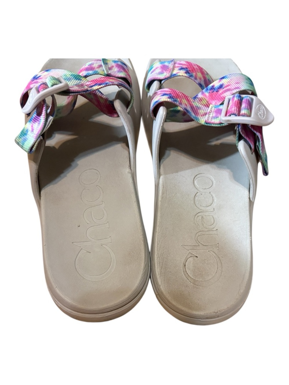 Chaco Slide Sandals in Beige and Black with Rainbow Tie-Dye Straps - Picture 7 of 11